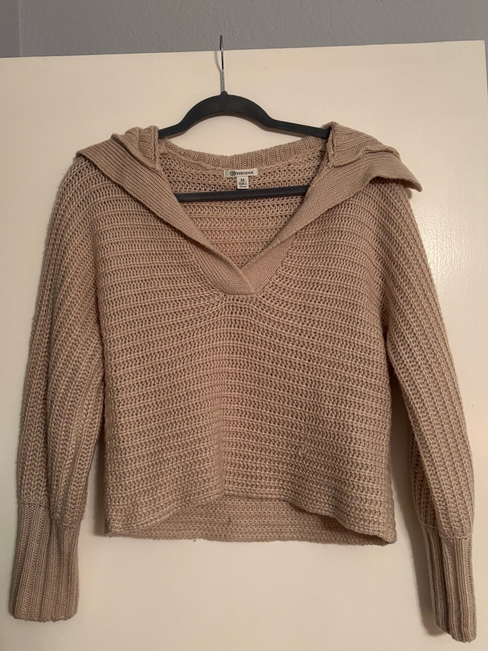Versona Taupe V-Neck Hooded Knit Sweater
